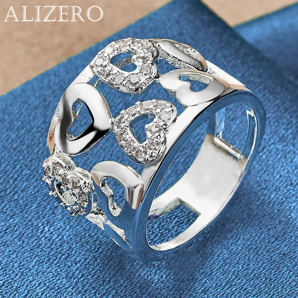 

ALIZERO 925 Sterling Silver Hearts Crystal Zircon Ring For Women Men Wedding Engagement Band Couple Rings Fashion Jewelry Gifts