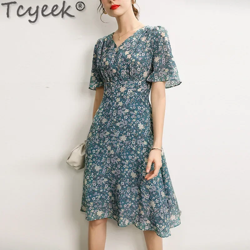 

Tcyeek 100% Mulberry Silk Dress Summer Clothes for Women Waist Elegant Women's Dresses 2024 V-neck Print Dress Vestido Feminino