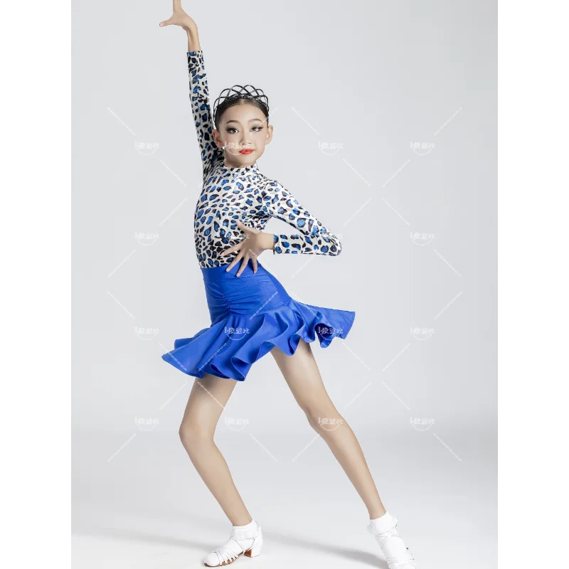 Ensemble haut et jupe pour filles, robe à franges à imprimé léopard, danse latine, salle de Rh, compétition, soirée, vêtements de performance sur scène, enfants