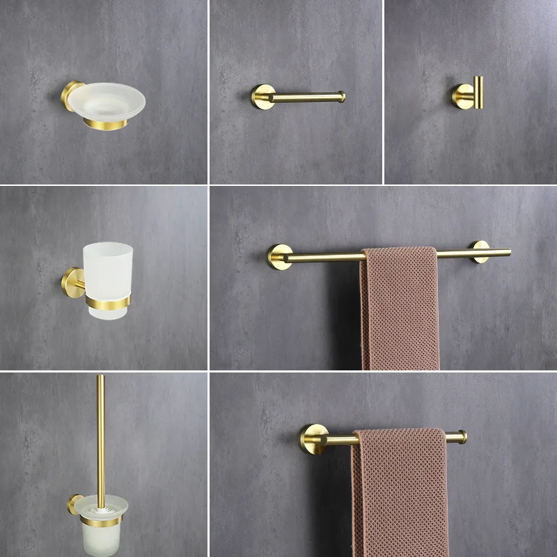 

Brushed Gold Bathroom Accessories High-Quality Stainless Steel Wall-mounted Towel Bar Cup Holder Toilet Brush Hardware Pendants