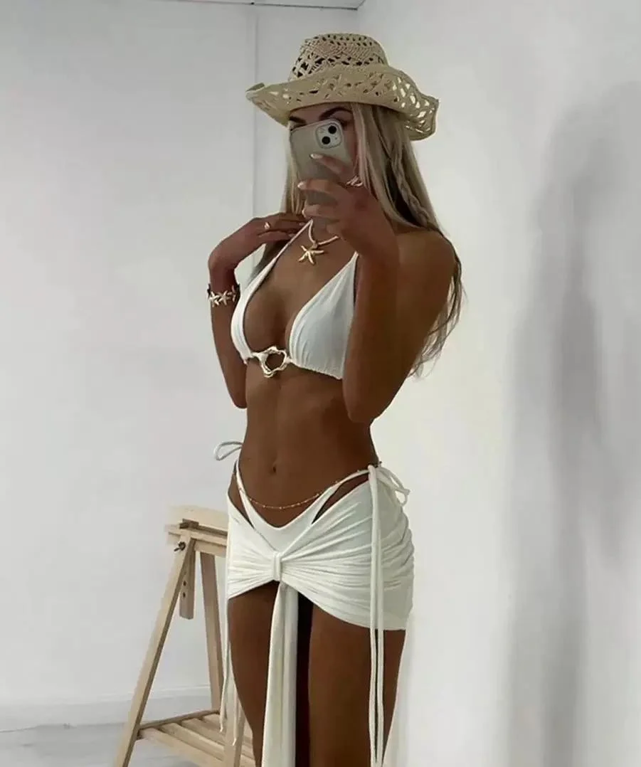 

Сексуальное женское бикини премиум-класса, состоящее из трех частей, без бретелек, раздельный купальник, однотонный, для пляжного отдыха, модный тренд лета 2023 года