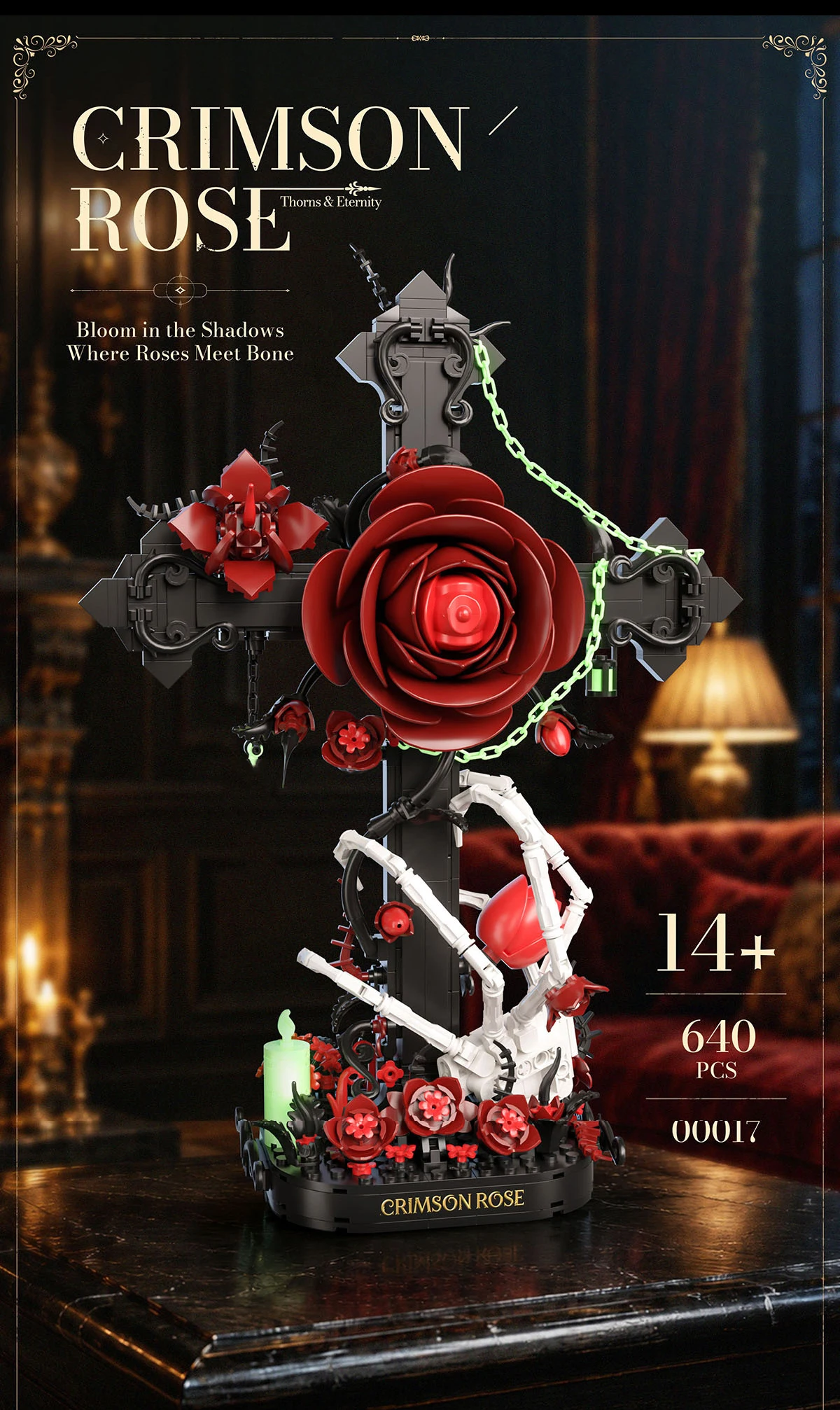 Idea Leuchtender Baustein Kreuz-Totenkopf Rote Rose Spielzeug Blume Skeletthand Konstruktions-Baustein-Modell Sammlerstück Schreibtischdekoration – Detail 4