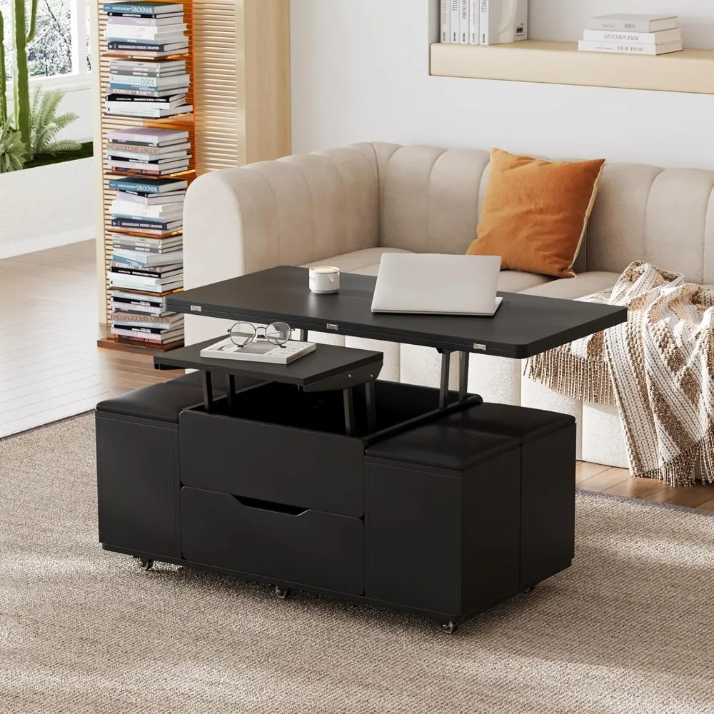 

Журнальный столик с подъемным верхом и скрытым хранилищем, современные складные центральные столы 3-в-1 с 4 табуретами, роликами и запираемыми колесами, журнальным столиком