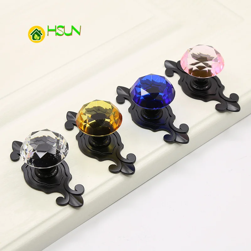 

2 pcs Black bottom crystal handle drill type art cabinet door handle modern simple furniture wardrobe door drawer cabinet handle