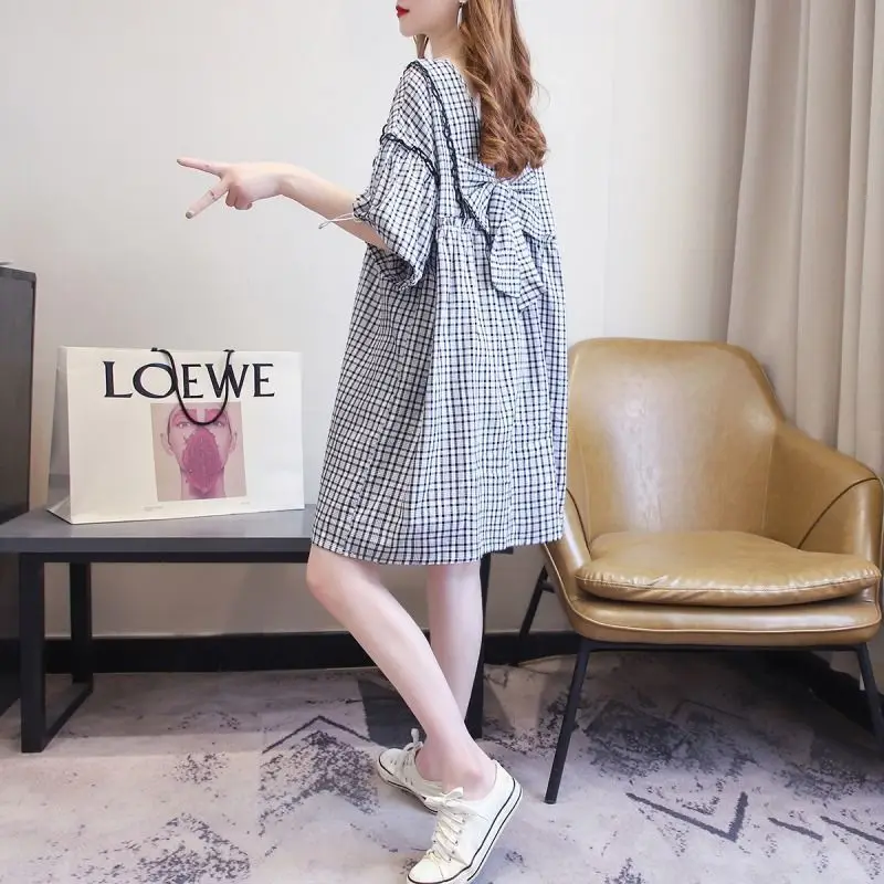 Female Clothing Casual Plaid Midi Dress Loose A-Line Stylish Bow Folds Spliced Summer Thin Round Neck Basic Short Sleeve Dresses