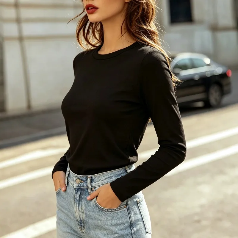 Round Neck Long Sleeve Thermal Top, Slim Fit Fleece Lined Base Layer Shirt Casual Daily Layering Tee