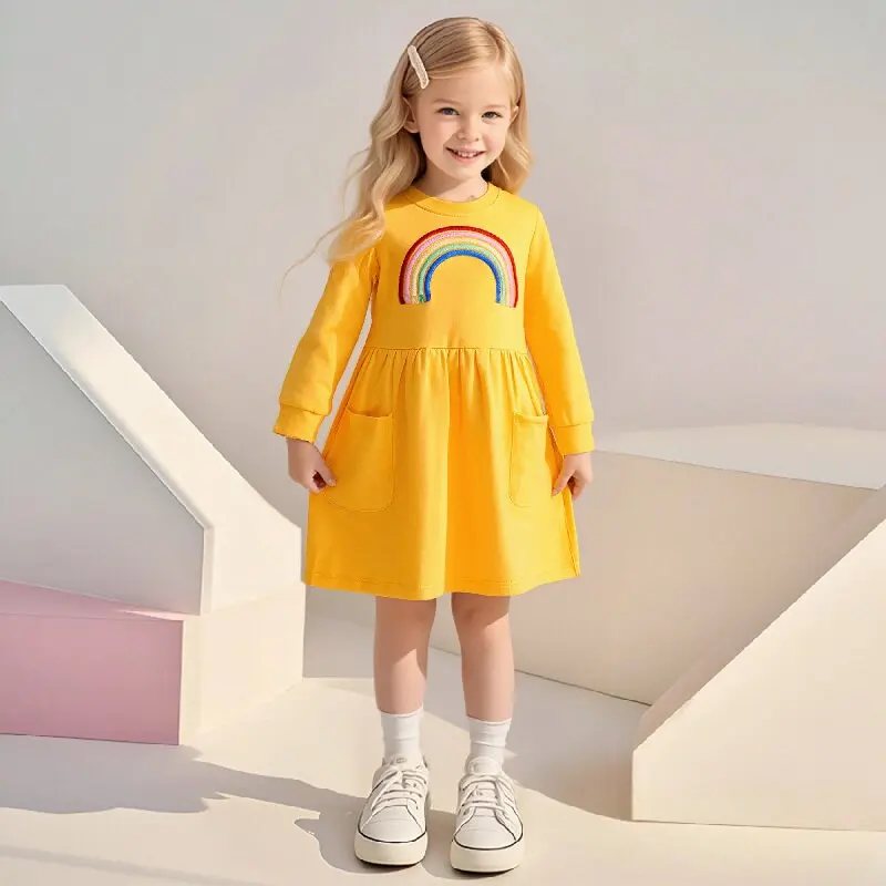 

Little maven Spring Autumn Cute Kids Costumes Cartoon Rainbow Girls Princess Dresses With Pockets Baby Girls Long Sleeve Dresses