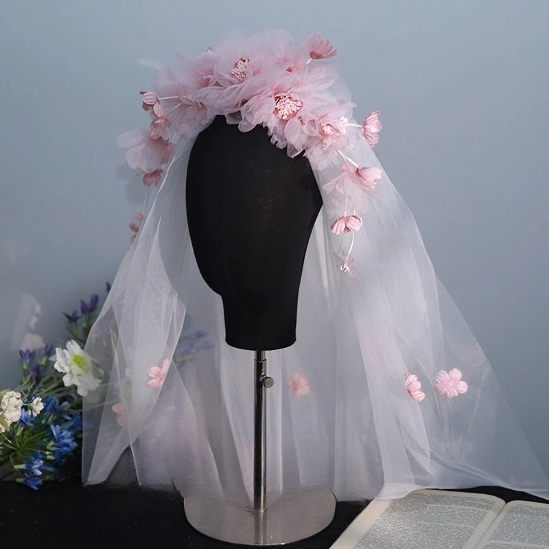 Pink silk flower hair comb veil, bride wedding studio travel wedding dress hair accessories