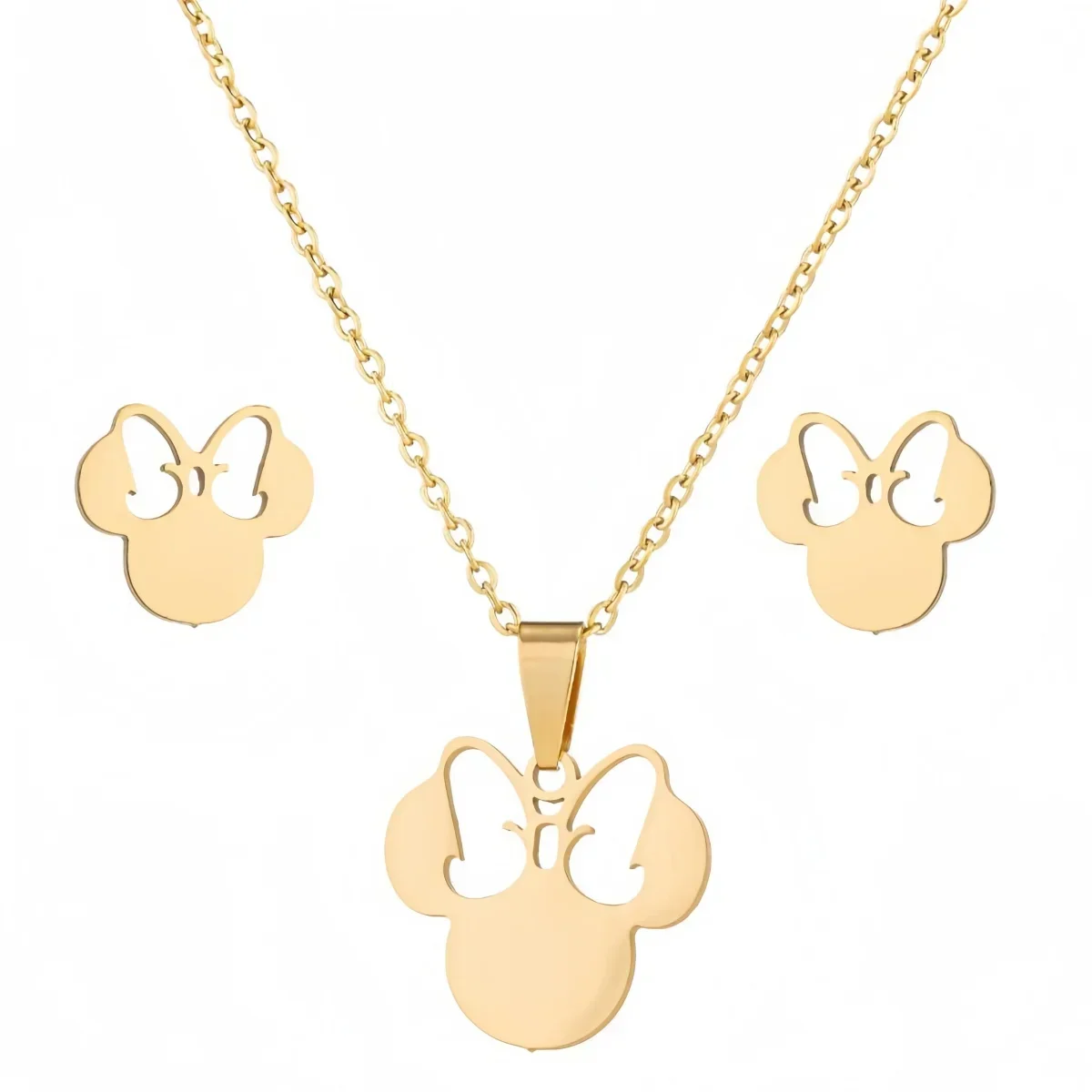 أنيمي لطيف الكرتون القوس ماوس الفولاذ المقاوم للصدأ طقم مجوهرات للنساء اكسسوارات الزفاف أقراط العروس ومجموعة مجوهرات قلادة