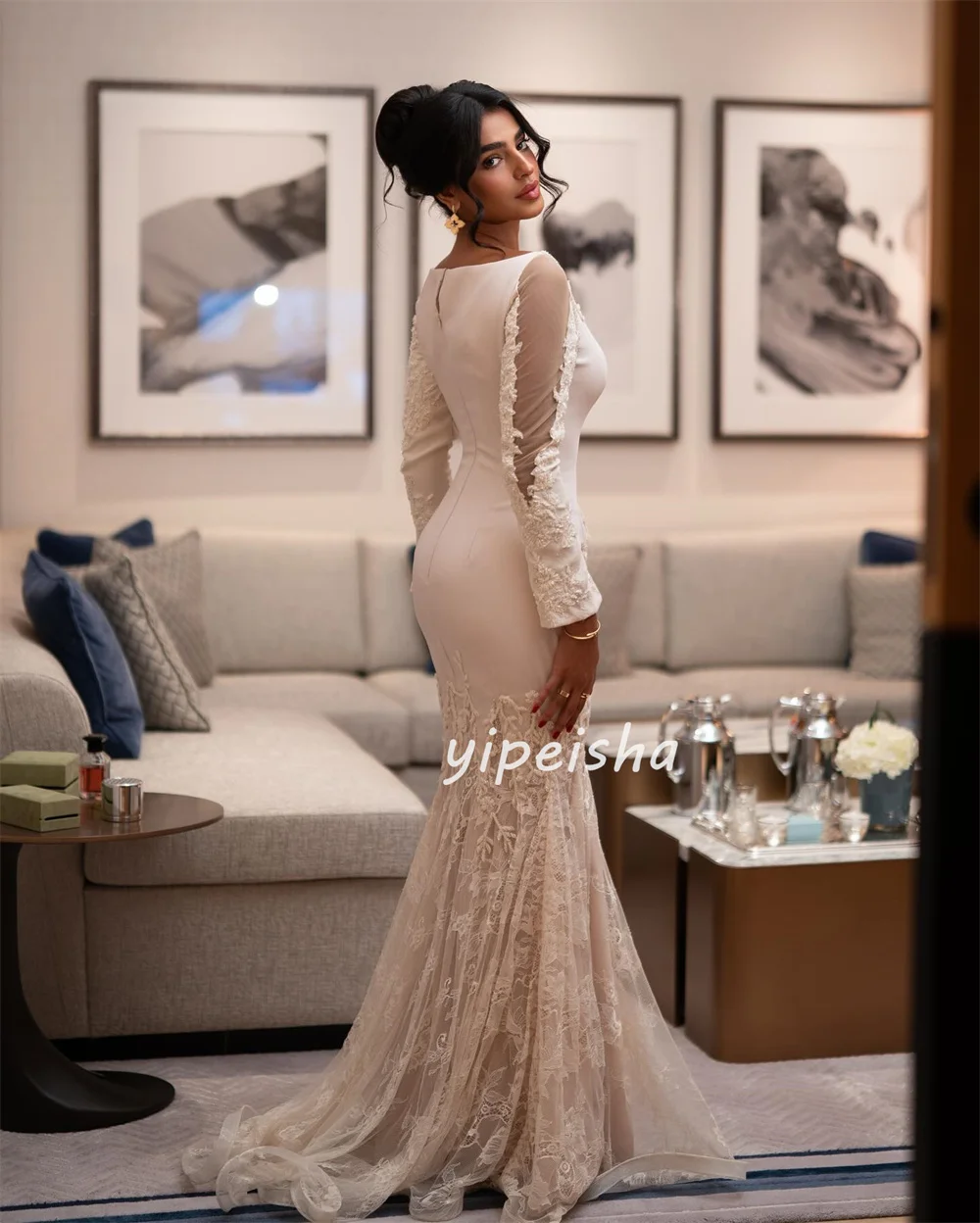 Personalizzato squisito intricato jersey pizzo perline sirena scollo rotondo abiti lunghi abiti da occasione su misura abbinati alla moda