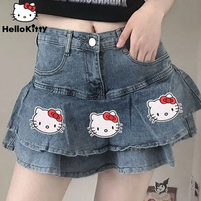 

Hello Kitty Denim Short Skirts Skirt Cartoon Sanrio Clothes Y2k Sexy Fashion Cake Skirts Women Summer Trend Girl A-line Dress