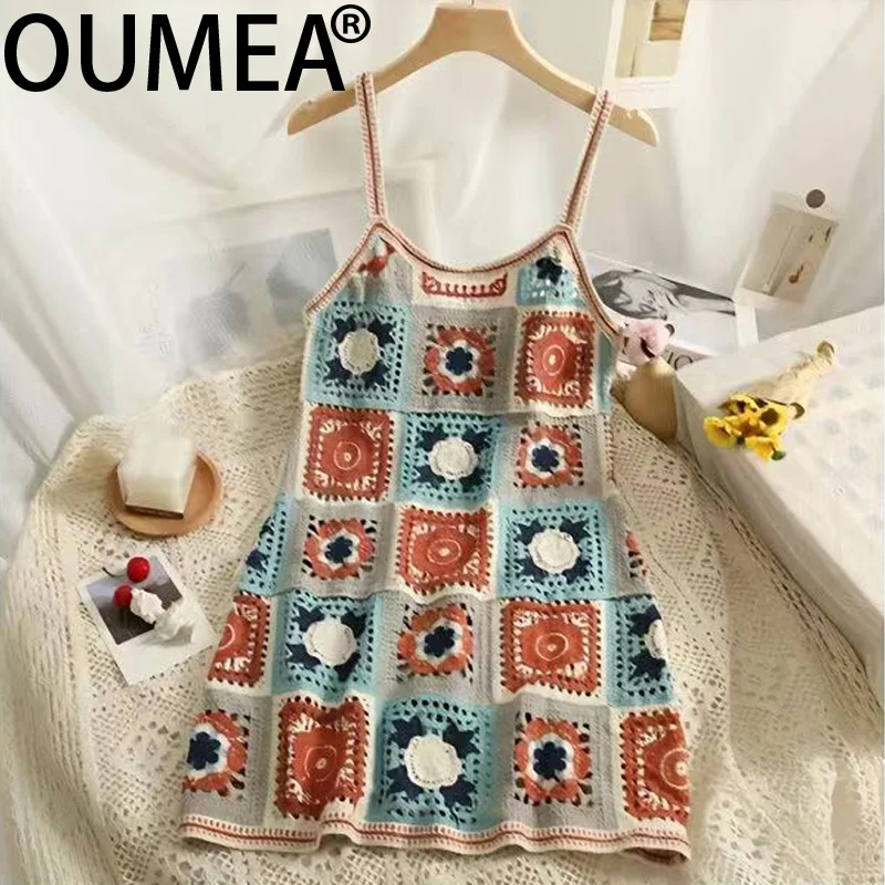 OUMEA Women Cotton Crochet Color Block Dress Summer Casual Beach Dress Korean Style Sleeveless Cute Dress Multi Color