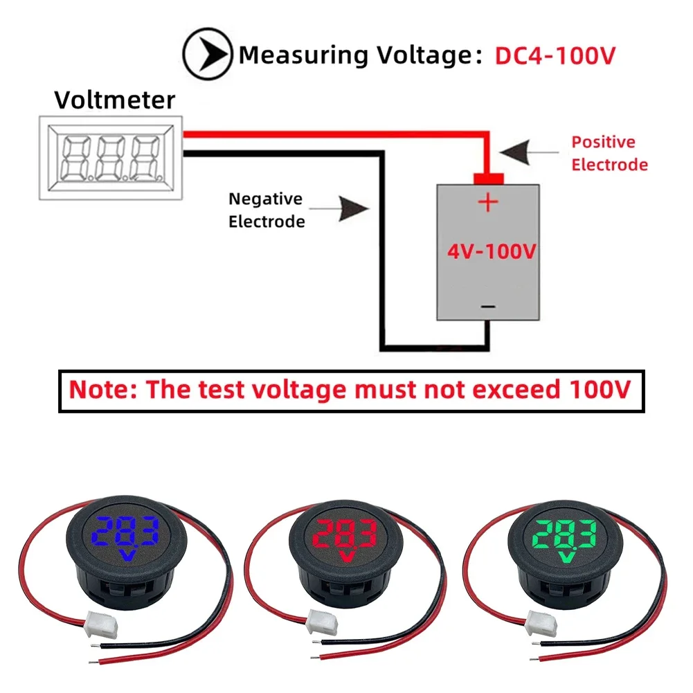 DC5-100V LED Digital Round Voltmeter 2-Wire Voltage Meter With Reverse Polarity Protection For Automotive-And-Industrial Testing