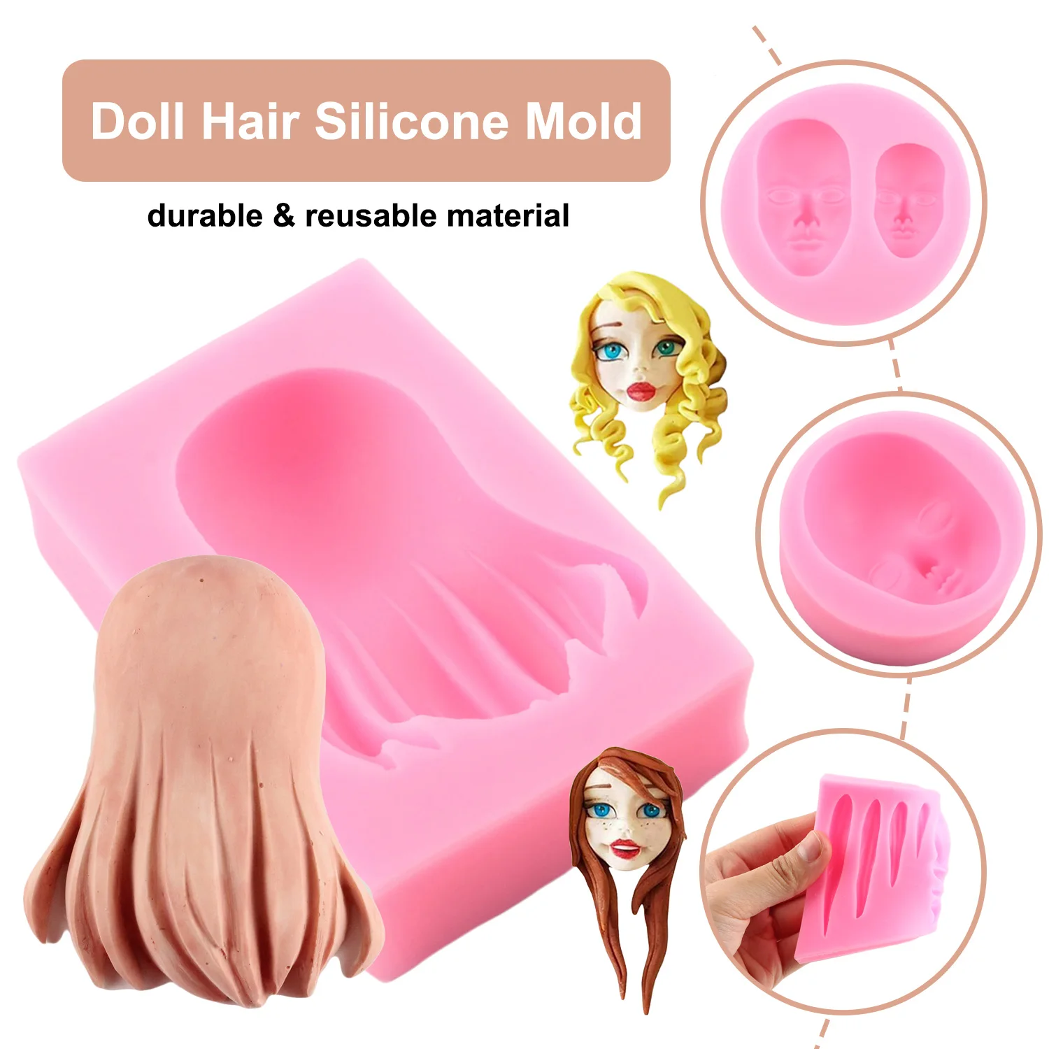 Doll Hair Silicone Mold Human Face Fondant Mold Cake Decorating Tools Cupcake Topper Polymer Clay Candy Chocolate Gumpaste Mould