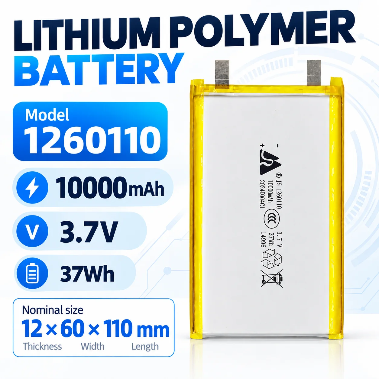 JS 1260110 3.7V 10000mAh Rechargeable LiPo Battery Lithium Polymer Pouch Cell 12x60x110mm with Flat Metal Tabs