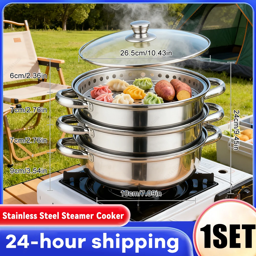 

3 Tier Steamer Pot with Lid Multipurpose Steamer Cooker for Vegetable Dumpling Egg Meat Soup Sauce Food Home Induction Gas Stove