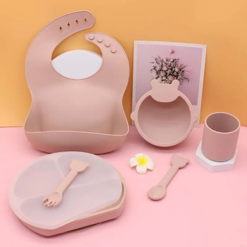 

E06F Baby Silicone Bib Divided Dinner Plate Suction Bowl Spoon Fork Water Cup Set Training Feeding Utensil Dishes Tableware