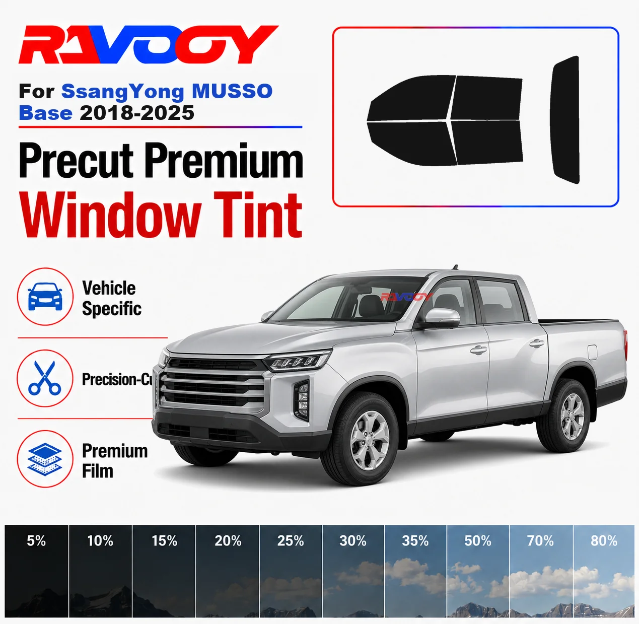 

Premium Precut Window Tint Kit Front Rear Windows Rear Windshield For SsangYong MUSSO Base 2018-2025 Car Solar Nano Ceramic Film