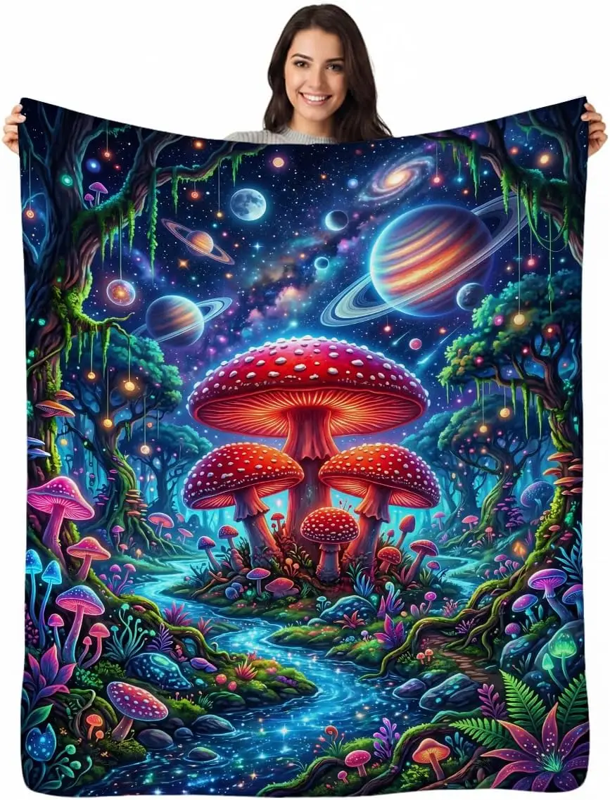 Fantasy Red Spotted Mushroom Forest Galaxy Planet Stream Print Flannel Throw Blanket Soft Warm Sofa Bedroom Dream Forest Home