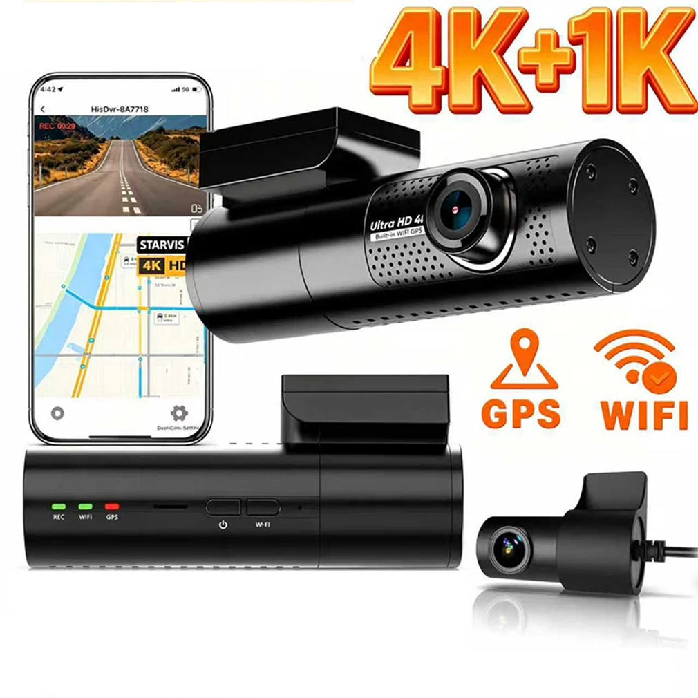 4K UHD dual‑lens dash cam with built‑in WiFi & GPS. night‑vision, 24‑hour parking monitor,  super‑capacitor
