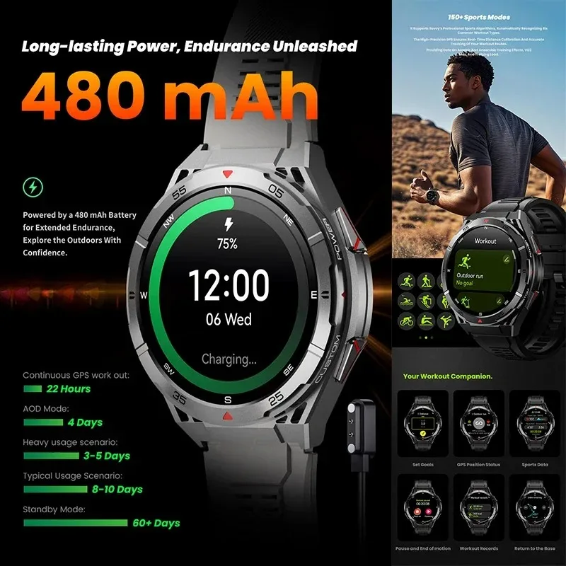 ل T-Rex 3 GPS المهنية في الهواء الطلق ممارسة Smartwatch 1.45 "Ultra HD المدمج في نظام تحديد المواقع البوصلة BT دعوة 480mAh الصحة اختبار ساعة 2025