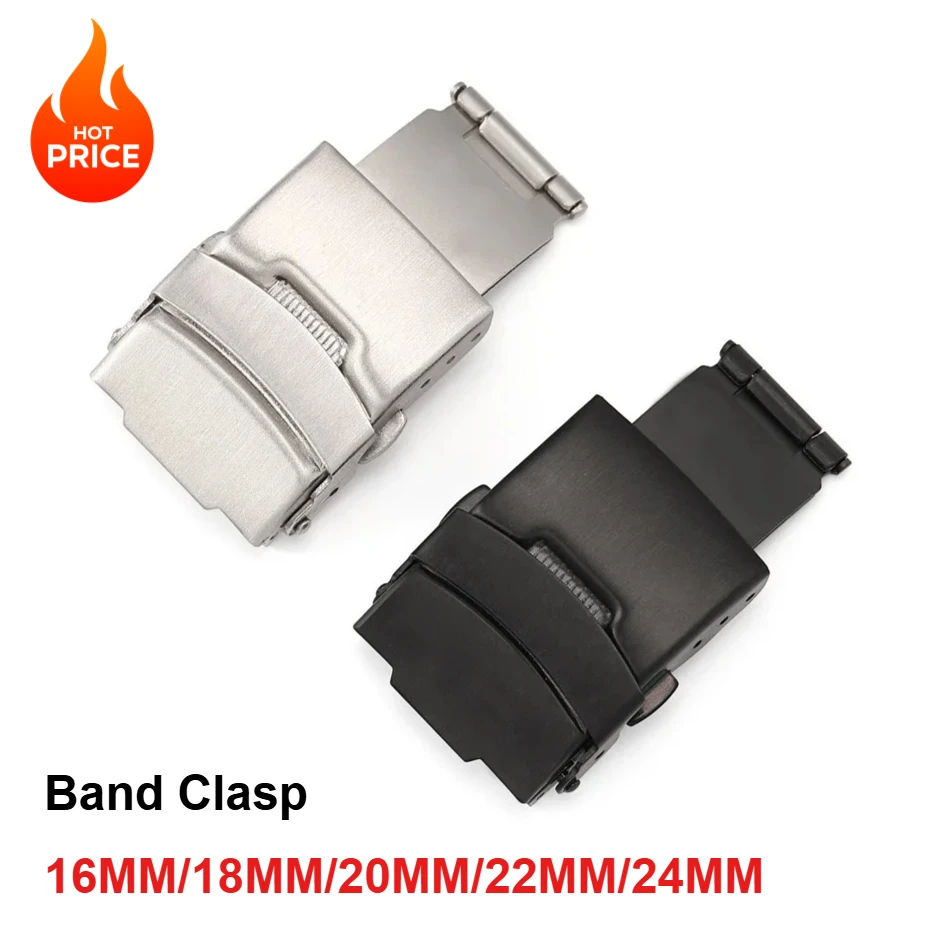16MM/18MM/20MM/22MM/24MM Stainless Steel Watchband Clasp Folding Buckle Double Press Silver Black Watch Strap Repair Accessories