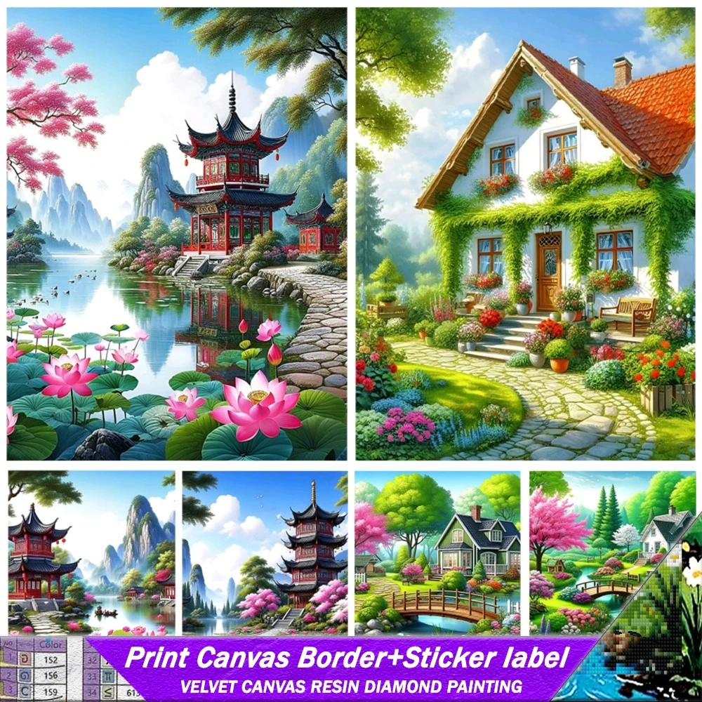 

Resin Diamond Painting With Sticker Tree Tower Bridge 5D DIY Full Square Landscape Mosaic Jewelry Cross Embroidered Home Decor
