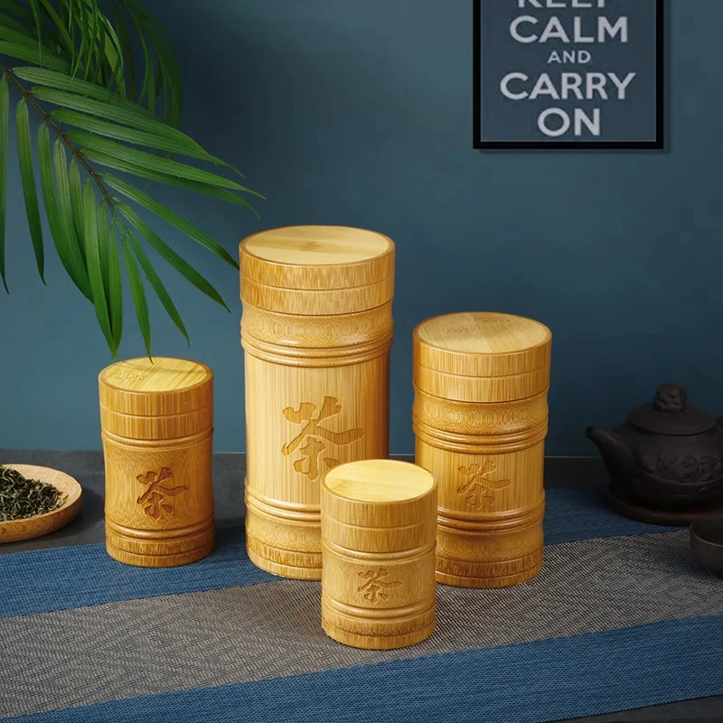 Handmade Bamboo Tea Storage Box Chinese Carved Tea Canister Lid Seal Kitchen Storage Jars Food Nuts Spice Box Case Organizer