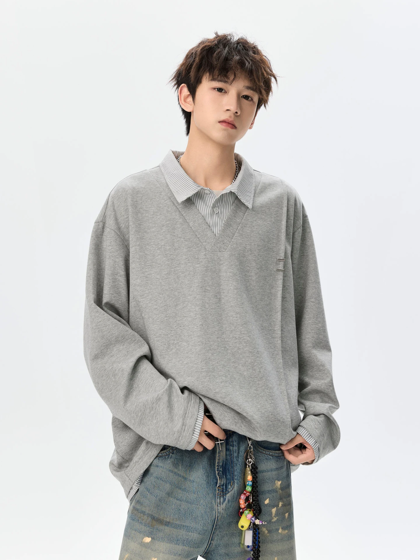 

Retro Plaid Fake Two-piece Spliced Lapel Sweater Men's and Women's Autumn Loose Contrasting Casual POLO Shirt