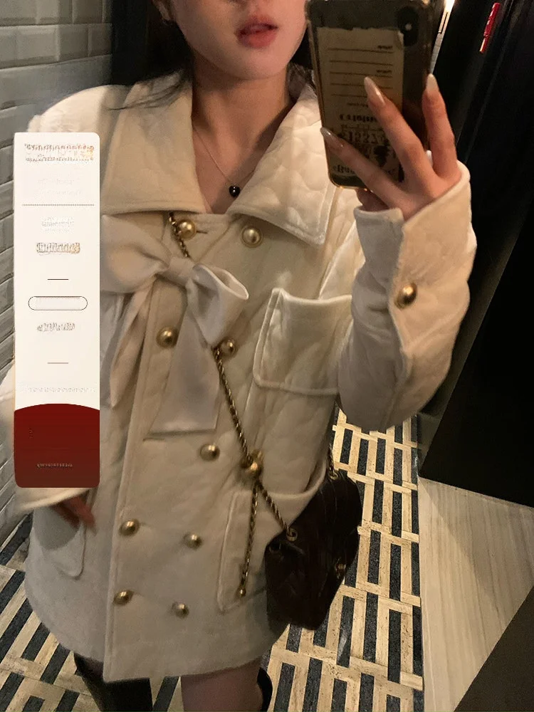 

YOKLASS Velvet Jaet Thiened Mid-Length Bowknot Design Ele Lady's Coat Autumn Winter Faionable Women's Cotton Jaet