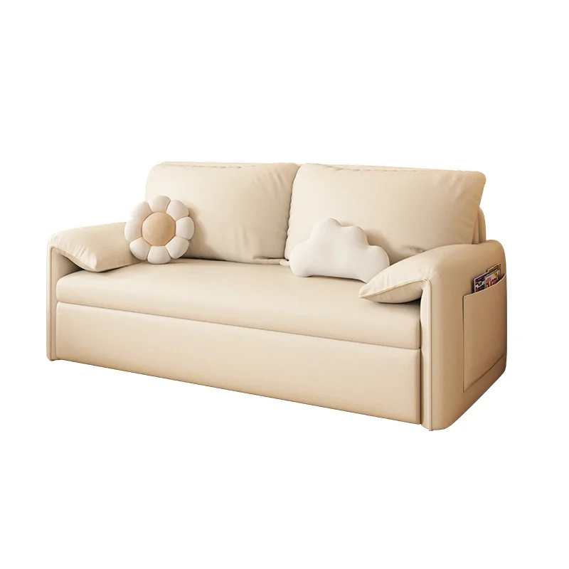 

Cream wind sofa bed small apartment dual-purpose multi-functional living room push-pull single double foldable technology