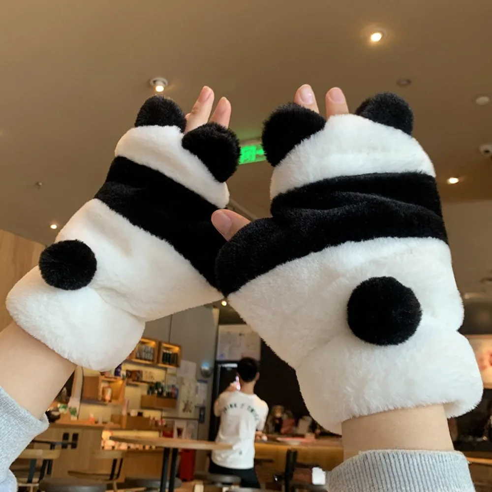 Winter Cartoon Panda Half-Finger Gloves Cute Fleece-lined Thicken Panda Black White Mittens Fashion Warm Windproof for Girl Boy