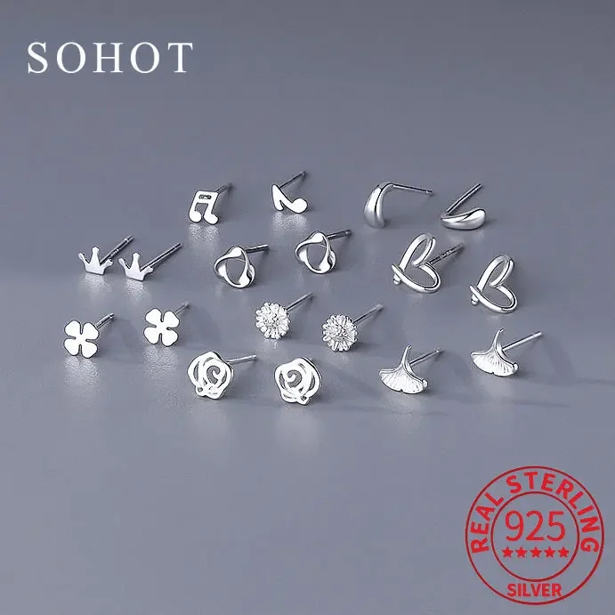 Fashion Real 925 Sterling Silver Heart Crown Flower Leaves Stud Earrings For Women Classic Minimalist Geometric Fine Jewelry