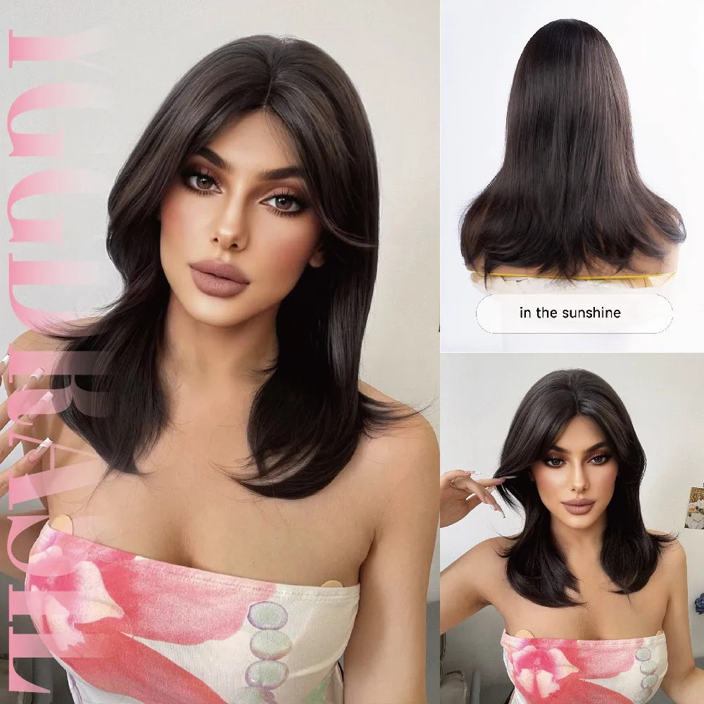 

18-дюймовый классический парик из синтетического волокна, цвет крутой коричневый, с центральной разрезкой, средней волнистости, с кружевной передней частью, для женщин, для повседневного использования, термостойкий