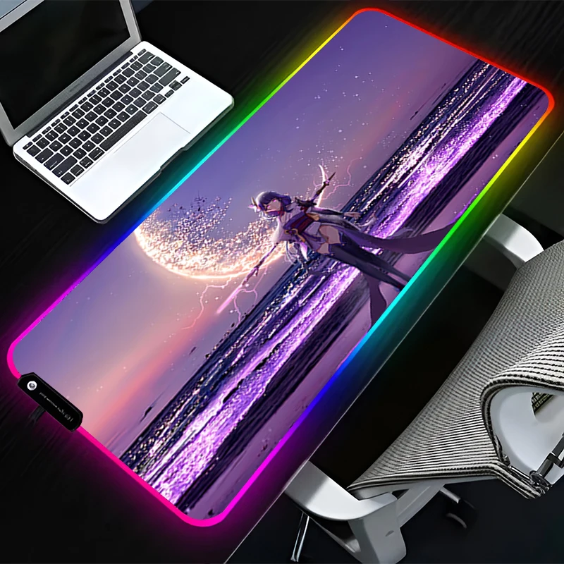 

Коврик для мыши со светодиодной подсветкой RGB, аксессуары для компьютерного стола, коврик для мыши, коврик для клавиатуры HD, нескользящий коврик для мыши G-genshin Impact Raiden Shogun, настольный коврик