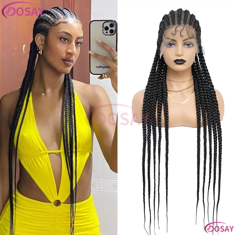 باروكات مضفرة من الدانتيل بالكامل مقاس 36 بوصة للنساء، ضفائر كورنو صناعية طويلة مع شعر أطفال، شعر مستعار أسود أفريقي