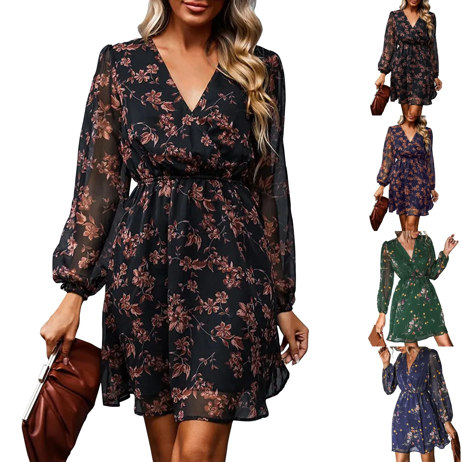 Chiffon V-neck Long Sleeve Mini Dress Woman Floral Holiday Beach Tunic Short Cover Up 2023 Summer Dress Beachwear