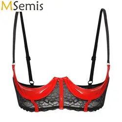 Womens Patent Leather 1/3 Cup Underwired Bra Adjustable Shoulder Straps Floral Lace Open Chest Brassiere Lingerie Underwear