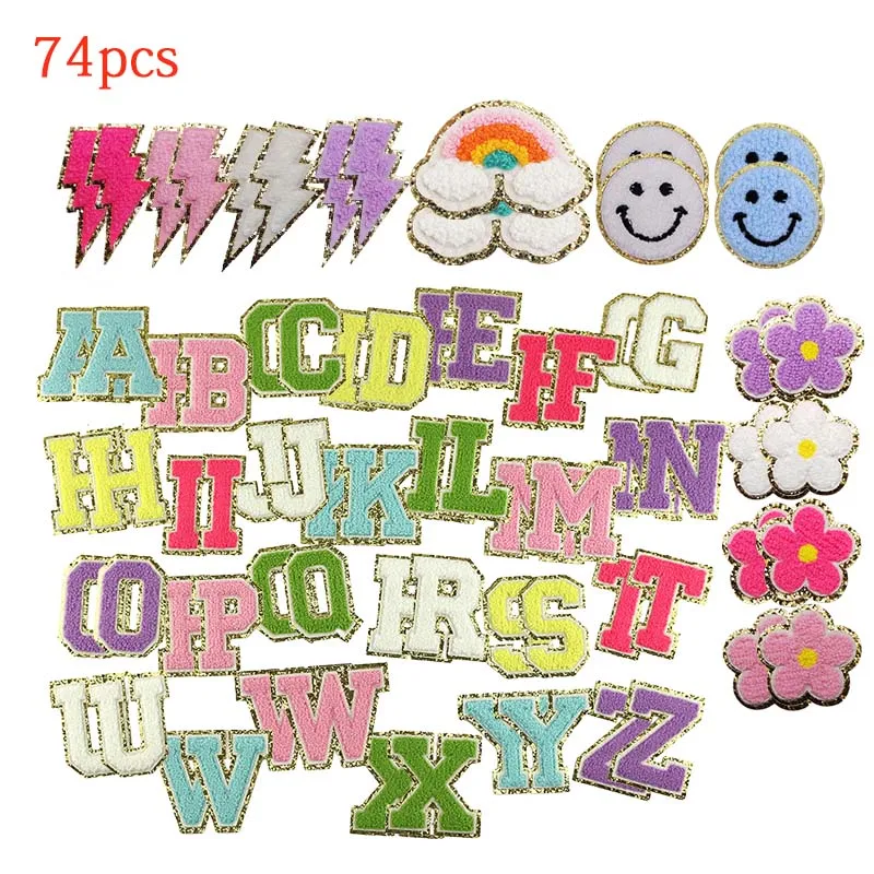 74pcs Chenille Embroidery Patches Cute Letter Face Rainbow Flash Flower DIY Sew on Clothing Embroidered Denim Fabric Patch