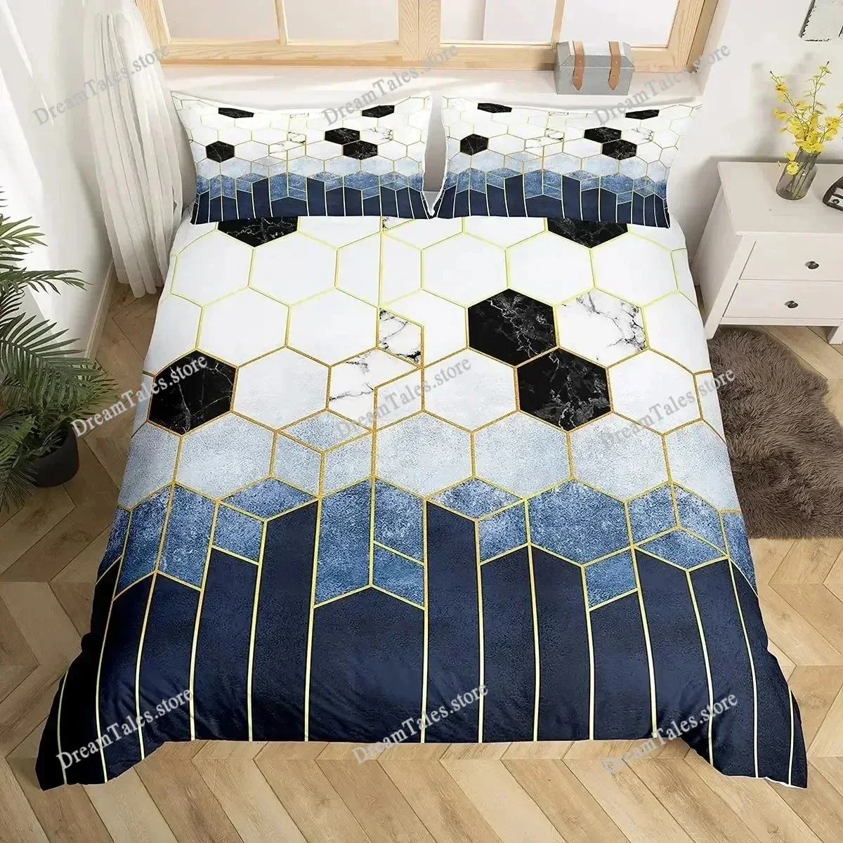 

Geometric Duvet Cover Multicolor Honeycomb Hexagon Bedding Set Geometric Theme Metal Texture Streamline Polyester Qulit Cover741