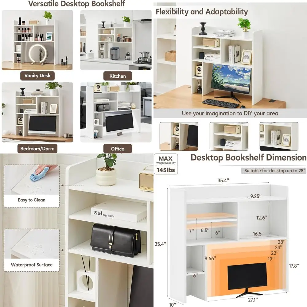 

7-Shelf Wooden Desk Hutch, 35.4 3-Tier Organizer for Dorm or Home Office in White