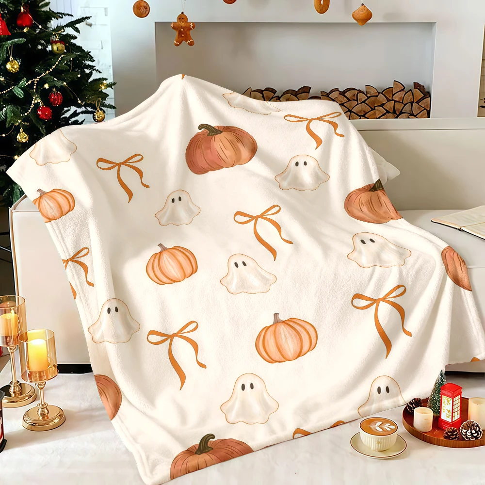 Coquette Ghost Pumpkin Bow Halloween Flannel Blanket Soft Fuzzy Plush Cozy Warm Throw for Sofa Bed Couch Home Decor