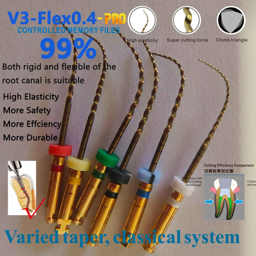 E-FLEX Dental Root Canal File Heat-Activated Rotary Nitinol Tooth Pulp Files Thermally Activated Nickel-Titanium Endo Gold Blue