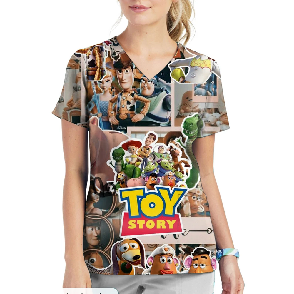 Women Cartoon Disney Toy Story print V-Neck Patched Pocket Medical Scrub Uniforms Nursing Short Sleeve Tops Nursing Surgical Uni