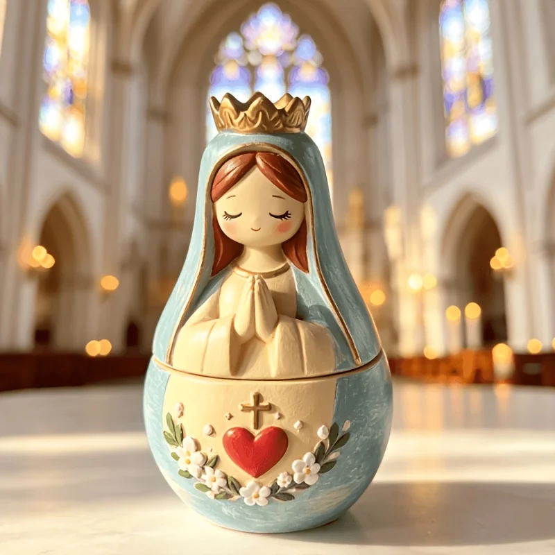Cartoon Virgin Mary Jewelry Storage Box Resin Religious Figurine Desktop Decor Catholic Baptism Souvenir Gift