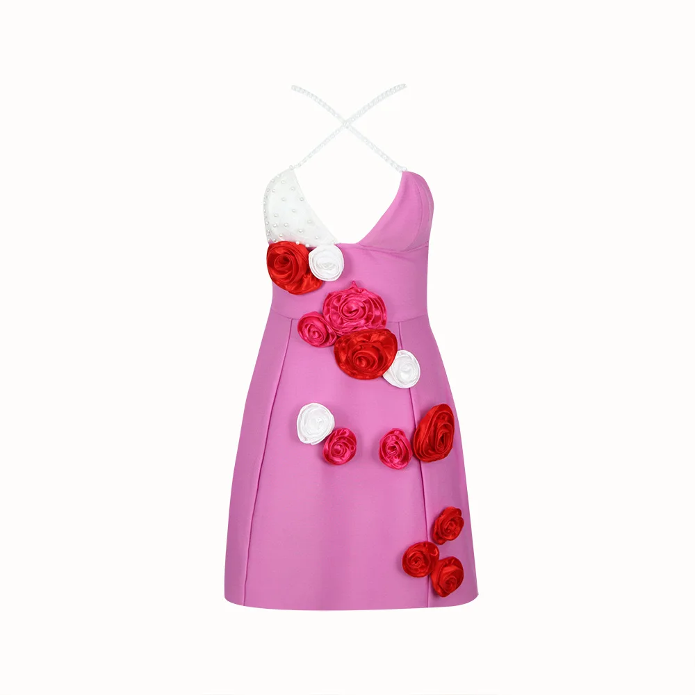 Rose Red  Flower Appliques Sexy Summer Bandage Dress Sexy Spaghetti Strap Sleeveless Mini Celebrity Evening Runway Party Dress