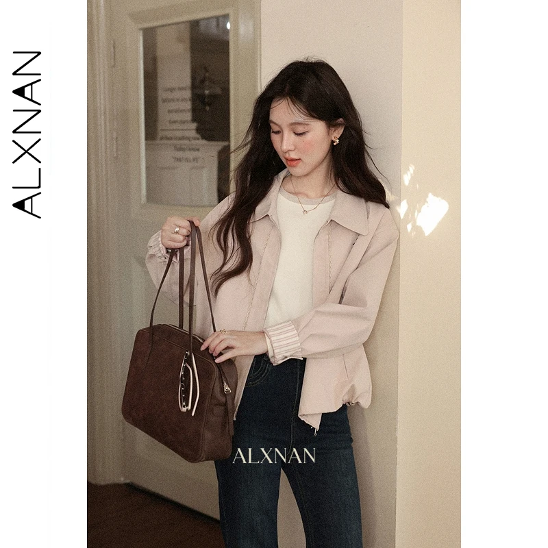 ALXNAN Pink Short Jacket Women 2025 Autumn Casual Zipper Embroidered Cuffs Striped Stitching Jackets Loose-fit Female Top L57721