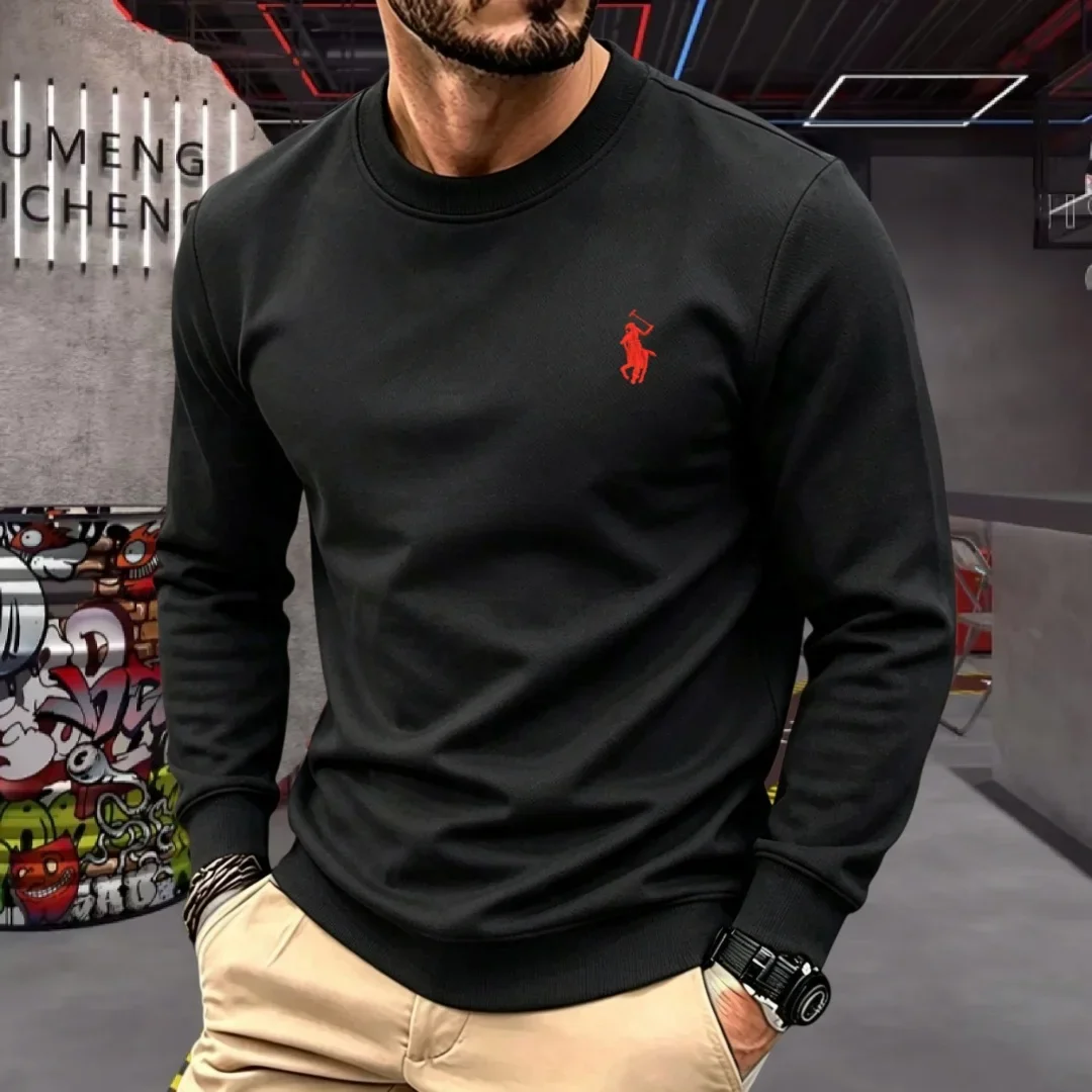 Camiseta de manga larga para hombre, de algodón suave, de una marca de alta gama, con cuello redondo, ideal para el otoño, con bordados, de corte holgado, estilo coreano, para uso casual.