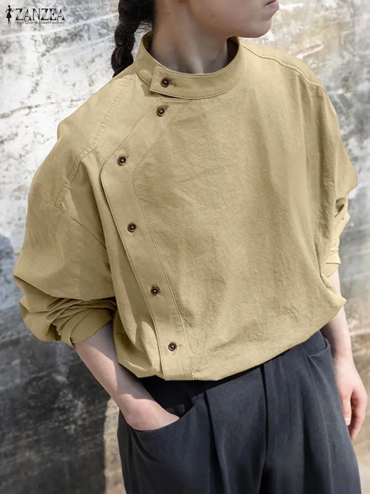 

ZANZEA Women Autumn Long Sleeve Shirts Fashion Blouses 2025 Stand Collar Buttons Solid Elegant Office Lady Tops Vintage Blusas