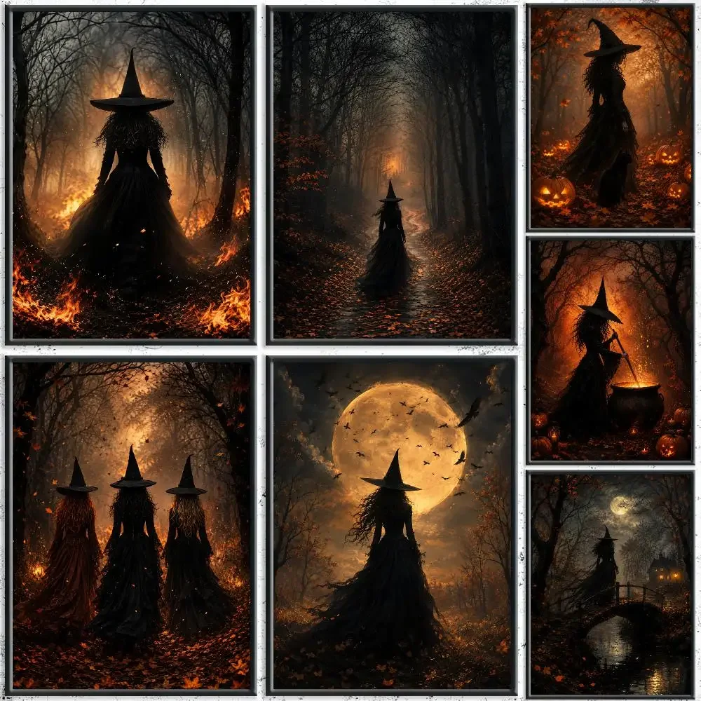 Dark Silhouette Witch Halloween Painting Calligraphy HD Canvas Poster Crease Free Waterproof All Space Wall Decor